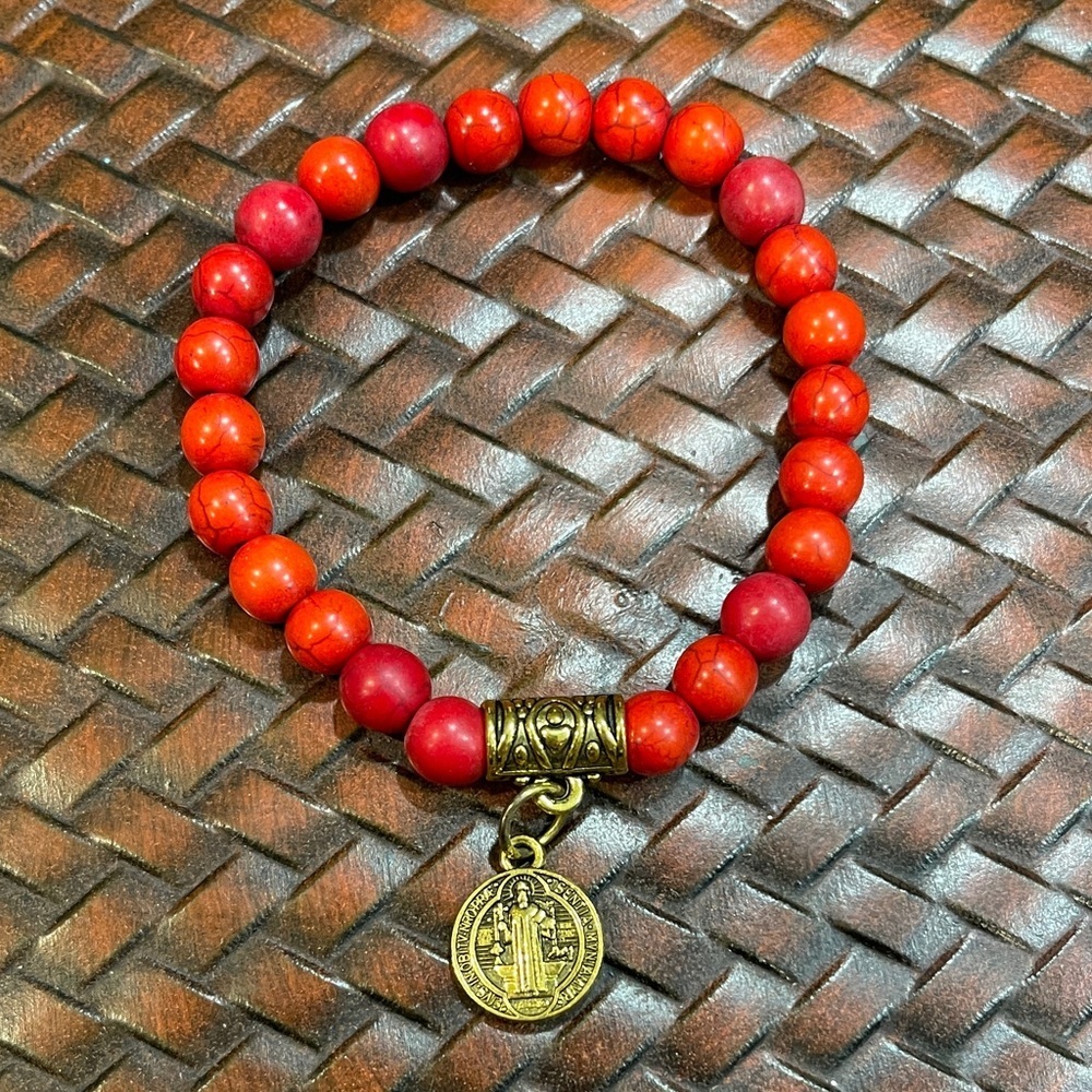 Red Beaded Bracelet with Gold St. Benedict Charm